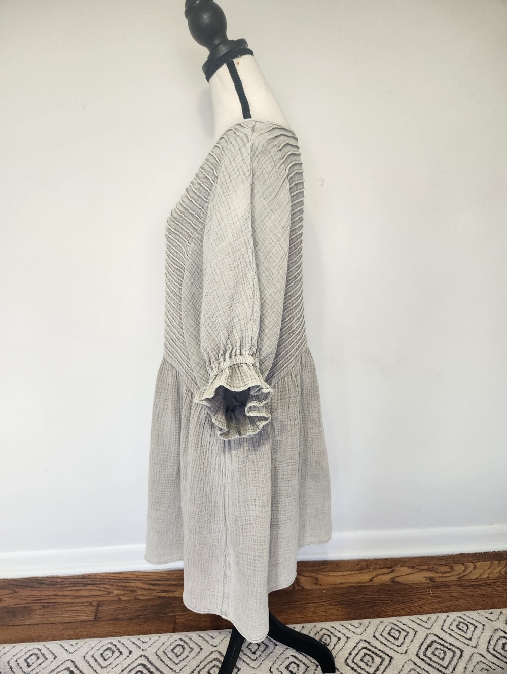Three Bird Nest Mini Dress Quinn Puff Sleeve Oatmeal Boho Peasant Oversized S - Picture 9 of 16